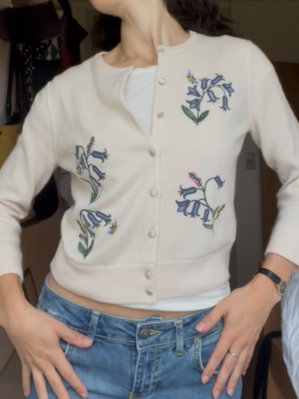 Vintage Cream Cardigan with Blue Floral Embroidery